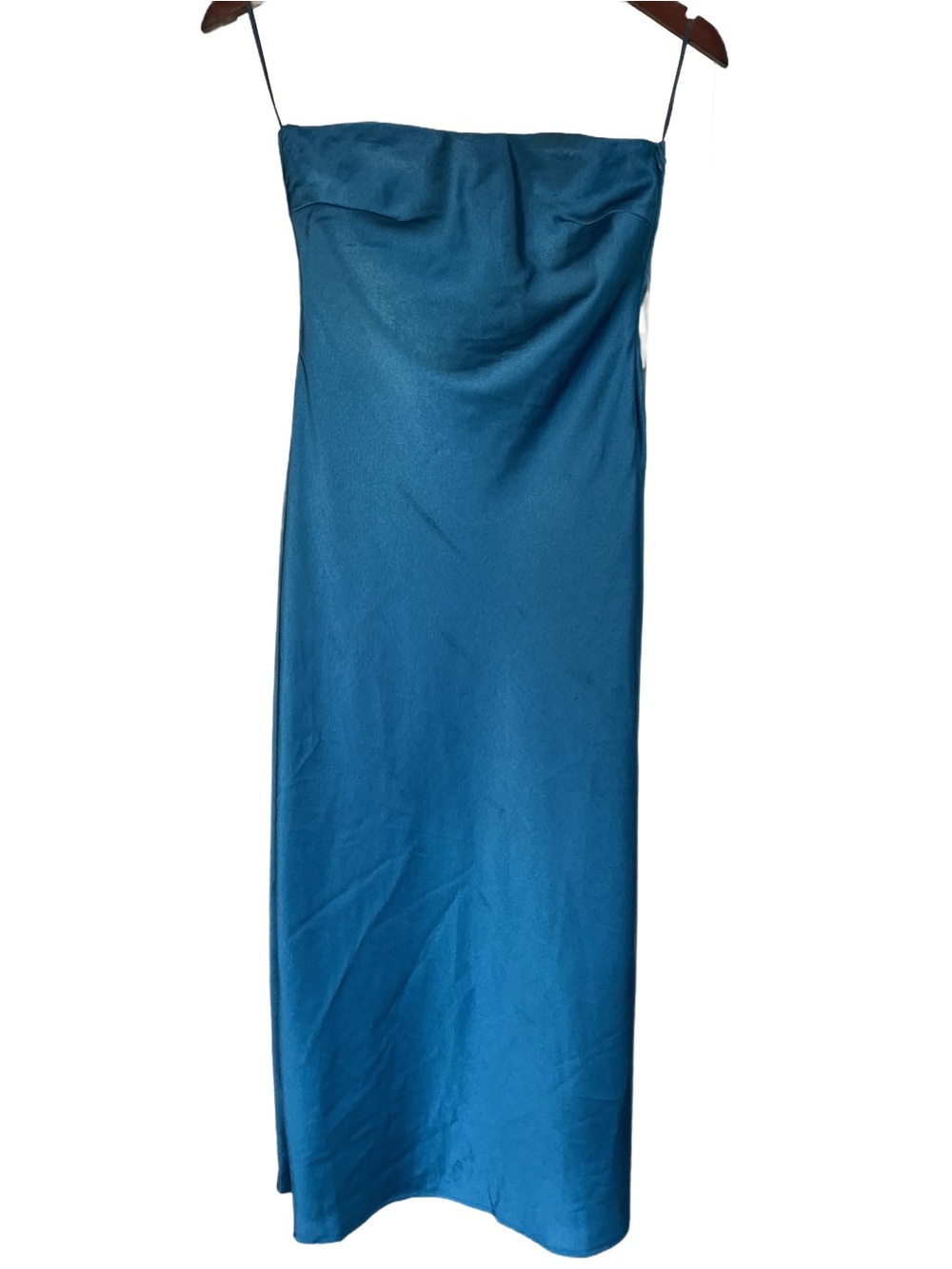 Le Lis Teal Blue Strapless Slip Midi Dress with Cowl Back